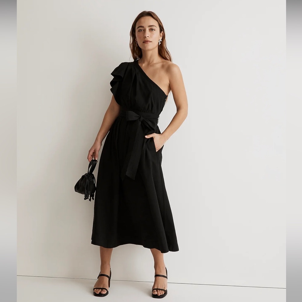 NWT Madewell Ruffled One-Shoulder Midi Dress, black, multiple sizes